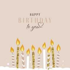 Happy birthday postcard with candles, vector illustration with golden glitter.