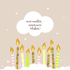 Happy birthday postcard with candles, vector illustration with golden glitter.