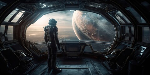 View of outer space from the window of a space station. The astronaut controls the spaceship.The panoramic window of an advanced spaceship. Generative AI