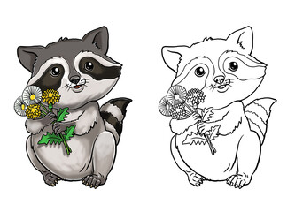 Cute racoon with flowers for coloring. Template for a coloring book with funny animals. Colouring page for kids.