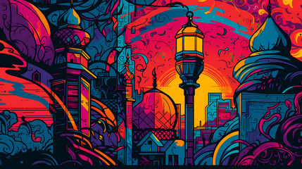 A pop art inspired of ramadhan kareem. digital art illustration. generative AI.