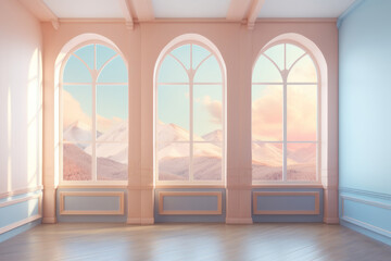 Large windows, pastel colors, blue and pink. AI generative.