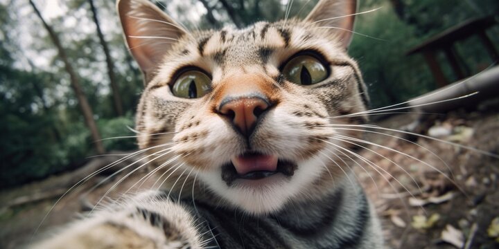 Smiling cat take selfie, concept of Animal behavior and Photography, created with Generative AI technology
