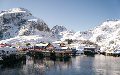 Fototapeta na wymiar Village called A in Lofoten islands of winter, Norway. Life over polar circle.