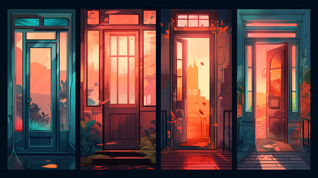 A set of doors, some open and some closed. digital art illustration. generative AI.