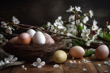 Blooming branch, easter eggs in the nest
