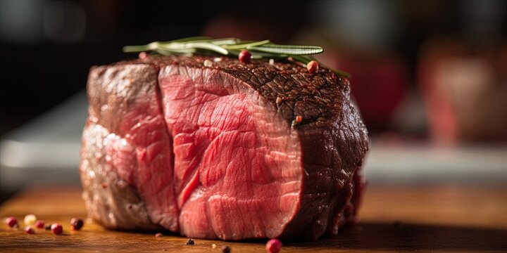 Beef steak with a sprig of rosemary on a wooden table. Classic grilled steak dinner with tomatoes and fried vegetables on an old wooden board. The perfect image for restaurant menu. Generative AI