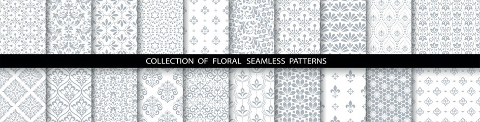 Geometric floral set of seamless patterns. White and gray vector backgrounds. Damask graphic ornaments