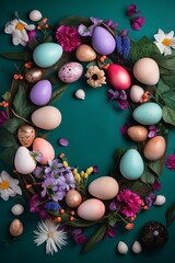 Fototapeta na wymiar A beautiful wreath of Easter eggs, green leaves, and flowers