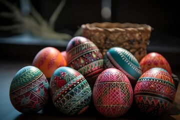 Fototapeta na wymiar Easter eggs with ornaments with the basket behind.