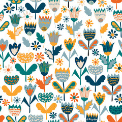 Floral colorful illustration, hand-drawn seamless texture with cute flowers