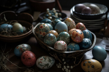 Happy Easter! Easter eggs on a rustic table. Natural dyed colorful eggs on a plate on a wooden table and spring flowers in a rustic room. 