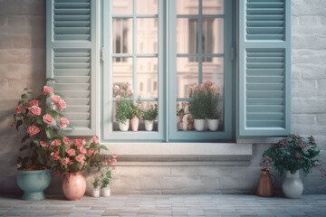 Fototapeta na wymiar Large window and roses in pots, pastel colors. AI generative.