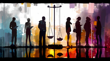 A set of scales, symbolizing injustice. digital art illustration. generative AI. - obrazy, fototapety, plakaty