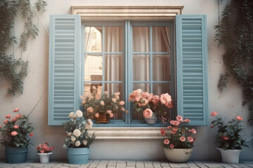 Fototapeta na wymiar Large window with shutters and roses in pots, pastel colors. AI generative.