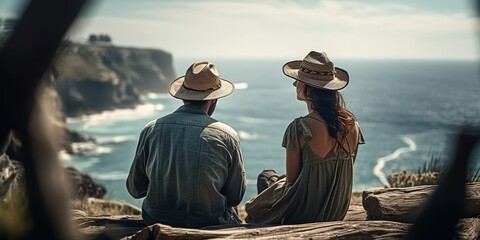 A romantic couple with straw hats chilling enjoying beautiful views over the ocean. Generative AI
