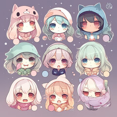 Chibi kawaii character with multiple design. Generative ai
