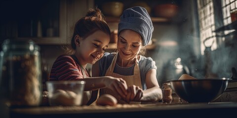 Mother and daughter helping each other to cook in the kitchen happily, they are laughing and smiling. Mom teaches a cute child to cook. Family teamwork. Homemade food and little helper. Generative AI