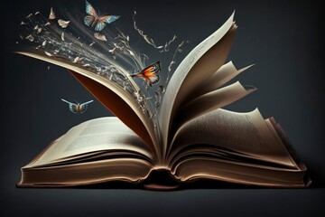 Open book with butterflies flying out of it. Generative AI
