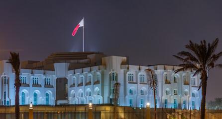 Night view of Amiri Diwan governmental building in Doha, Qatar