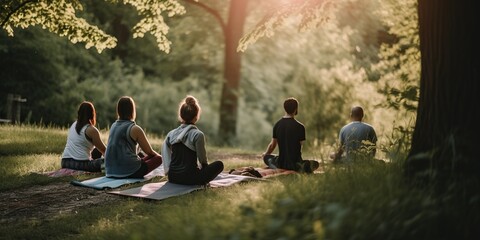 Diverse group of people engaged in outdoor yoga session in serene natural setting, concept of Community wellness and Nature mindfulness, created with Generative AI technology