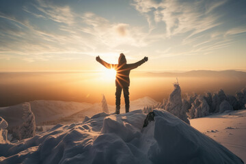 Man spread arms at top of snow mountain on morning sky abstract background. Generative ai