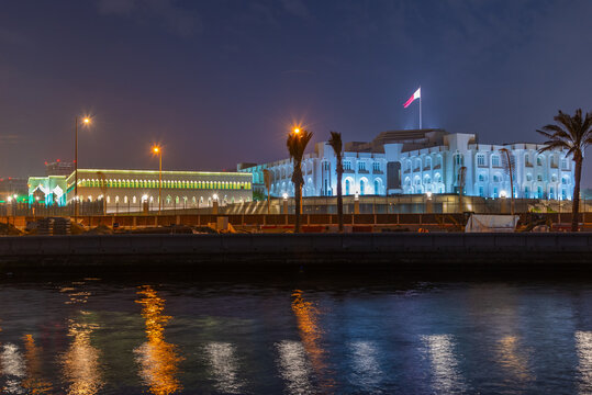 Night view of Amiri Diwan governmental building in Doha, Qatar