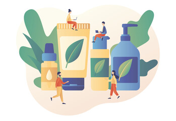 Natural organic cosmetic products in bottles, jars, tubes for skincare and hair care. Organic cosmetics concept. Modern flat cartoon style. Vector illustration on white background