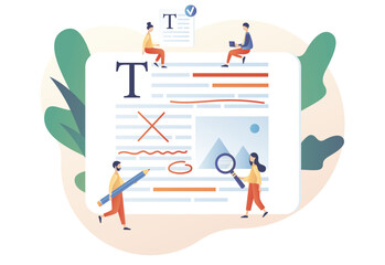 Tiny people copywriters  editing, checking grammar and spelling document page. Editor and copywriting services online. Modern flat cartoon style. Vector illustration on white background