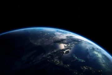 Acrylglas douchewanden met foto Volle maan en bomen Earth in Space. Planet Globe on Black Background for Science Wallpaper