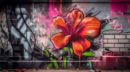 Flower graffiti on a grunge wall, Wallpaper, Background, Generative AI
