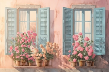 Fototapeta na wymiar Windows with shutters and roses in pots, pastel colors. AI generative.