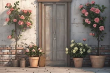 Background. Door and roses in pots. AI generative.