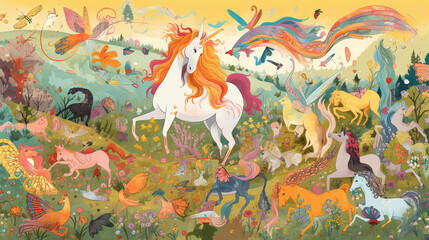 Fairytale art with unicorn and animals generative ai