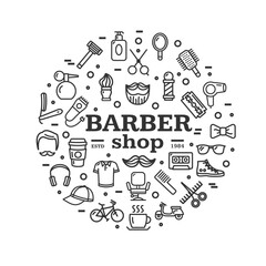 Barber Shop Sign Round Design Template Thin Line Icon Banner for Promotion, Marketing and Advertising. Vector illustration