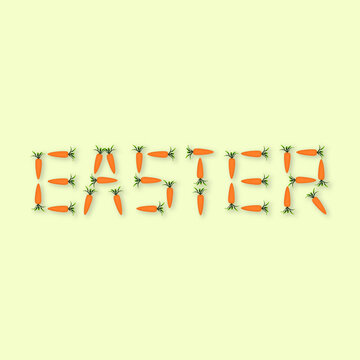 Carrots write the word EASTER on a pastel yellow background. Minimal Easter concept. Spring minimal composition. Overhead shot—flat lay.