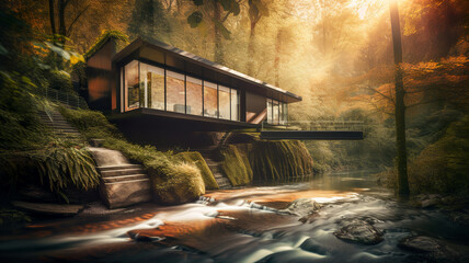 Modern, luxury house in the woods, Generative AI