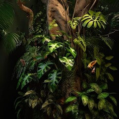 Fototapeta na wymiar Rainforest tree trunk with tropical foliage plants ai generated
