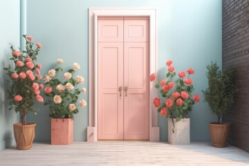 Fototapeta na wymiar Background. Wooden door and flowers in pots, pastel colors. AI generative.