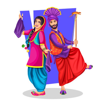 Vector illustration of celebration of Punjabi festival Baisakhi. Illustration of Punjabi couple dancing folk dance bhangra on holiday like Lohri or Baisakhi. The character wears ethnic cloth.