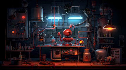 A toy robot exploring a dark laboratory. digital art illustration. generative AI.