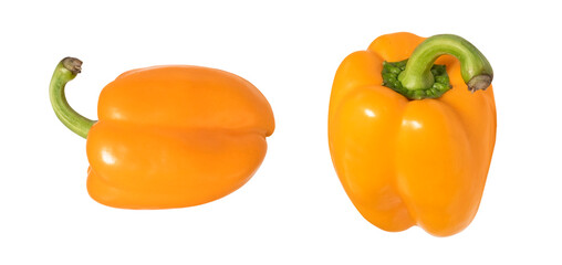 Two Orange pepper isolated on white background. Bell pepper isolated. Sweet red pepper isolated. Paprika. Yellow sweet fresh pepper isolated on white background.