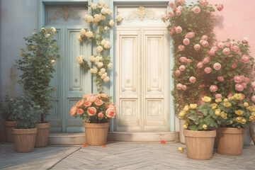 Fototapeta na wymiar Background. Wooden doors and flowers in pots, pastel colors. AI generative.