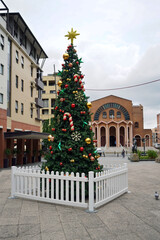 Christmas tree and the greek orthodox church of the Resurrection of the Christ, our Lady of the Myrtles and St Elesa in Kogarah, a suburb of southern Sydney.