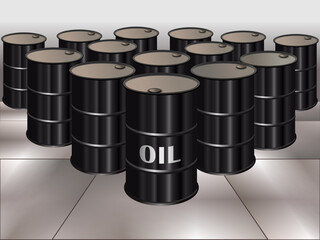Oil barrel store illustration. Crude petroleum stock in a warehouse. Diesel or petrol barrels. Fuel gasoline tanks.
