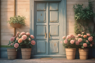 Background. Wooden door and roses in pots, pastel colors. AI generative.