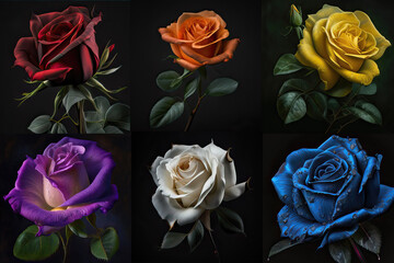 colorful roses on black background, ai generated