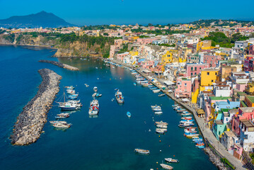 Aerial view of Marina di Corricella at Italian island Procida
