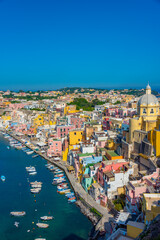 Aerial view of Marina di Corricella at Italian island Procida