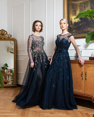 Two women in a blue dress stand in front of a wooden cabinet